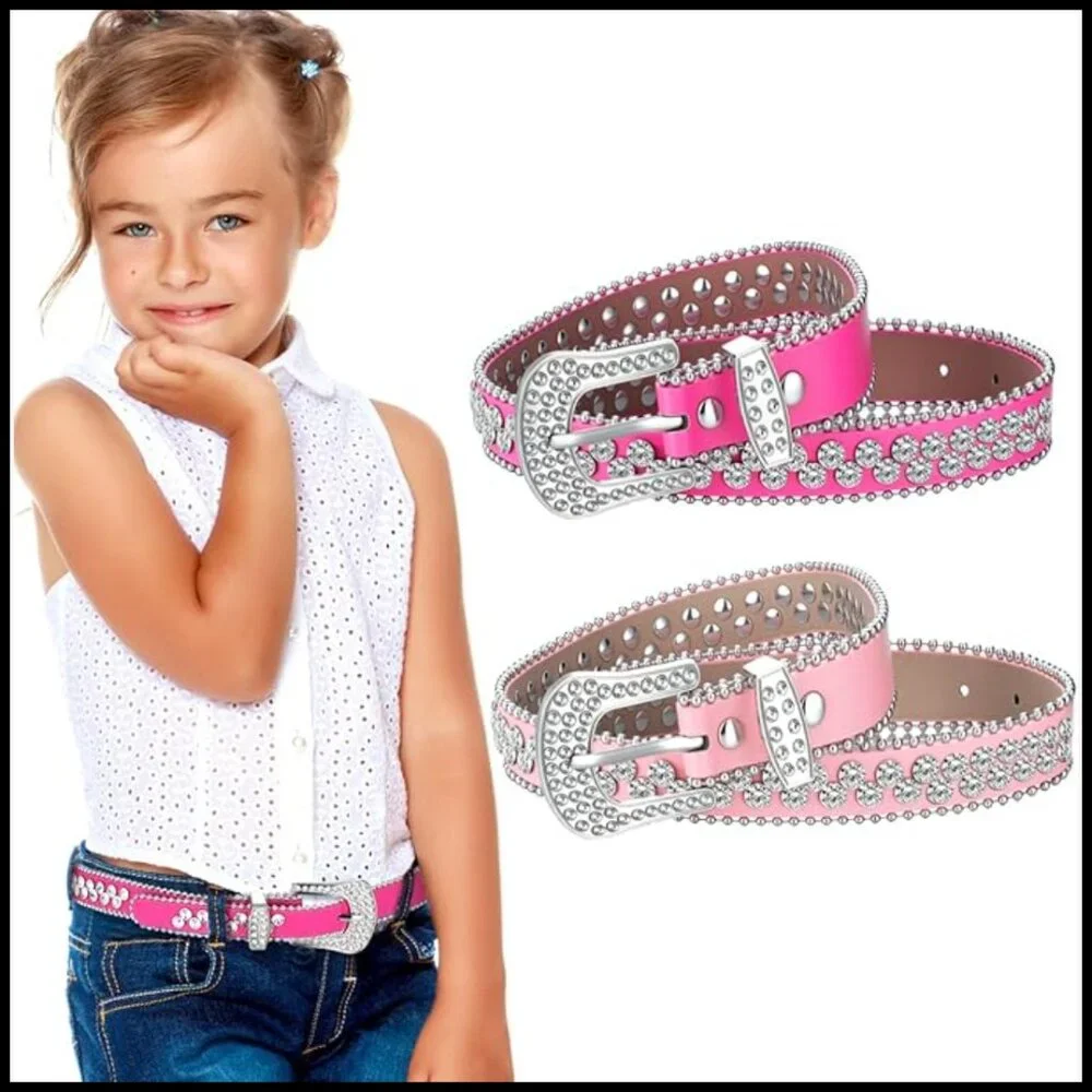 2 Pcs Kids Rhinestone Belt Girls Western Cowboy Belt with Bling Diamond Studded